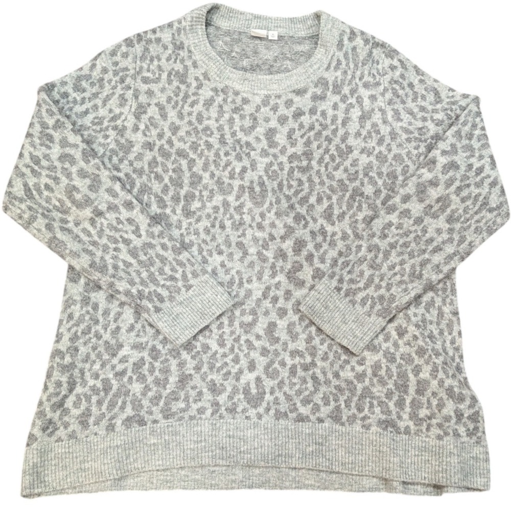 GAP Gray Leopard Print Crewneck Soft Knit Pullover‎ Sweater XL Cozy Animal Print